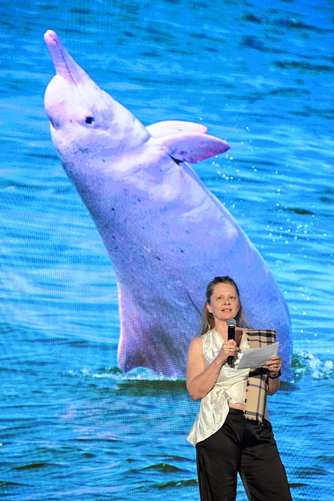 La Dra. Lindsay Porter OBE habla durante los Pink Dolphin Awards.