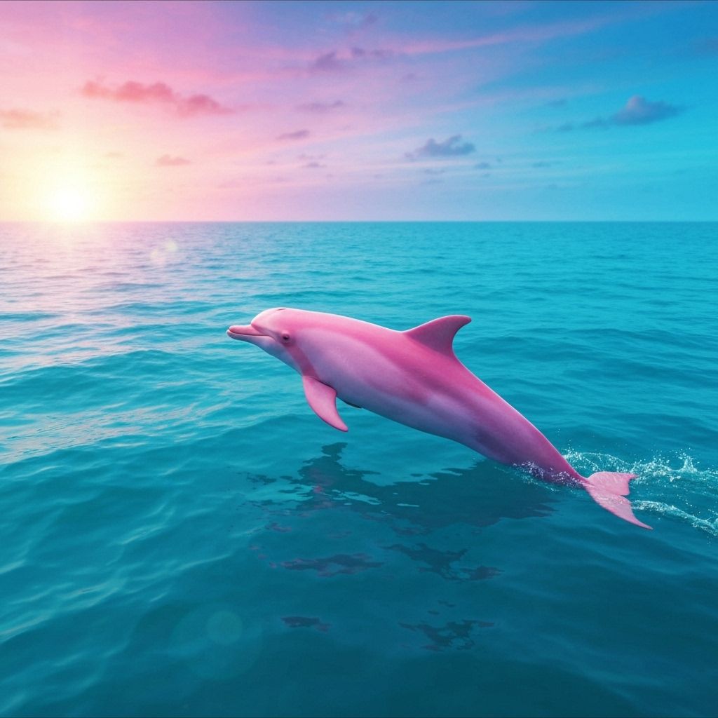 Majestic Chinese White Dolphin (pink dolphin) swimming gracefully through turquoise ocean waters at golden sunset, symbolizing marine conservation and ocean harmony